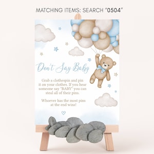 Don&#39;t Say Baby Sign Bear Balloon Baby Shower, Blue We Can Bearly Wait Baby Shower Dont Say Baby Game Sign, Boy Boho Bear Baby Shower, 0504