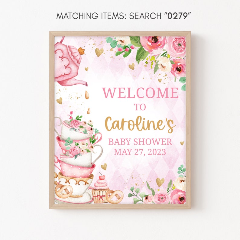 Edytowalny znak powitalny na baby shower z okazji przyjęcia herbacianego, plakat powitalny z napisem „Baby is Brewing”, różowy kwiatowy znak powitalny na baby shower z okazji przyjęcia herbacianego, 0279 zdjęcie 3