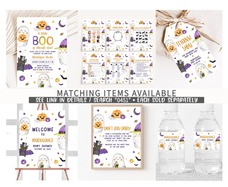 May include: A collection of Halloween-themed baby shower decorations. Includes invitations, thank you tags, signs, and water bottle labels. Designs feature ghosts, pumpkins, bats, and witch hats. The text reads "A little BOO is almost due!" and "Welcome to Maddison's Baby Shower."
