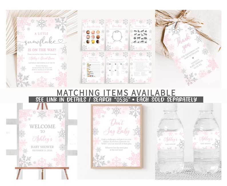 Redigerbar rosa liten snöflinga babyshowerinbjudan, inbjudan till babyshower med vintersnöflinga för flicka, mall för inbjudan till vinterbabyshower, 0536 bild 4