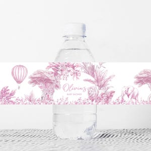 Bewerkbaar roze chinoiserie-fleslabel babyshower, safari toile de jouy-labels babyshower, meisjesstrik Toile jungle-flesstickers, 01094