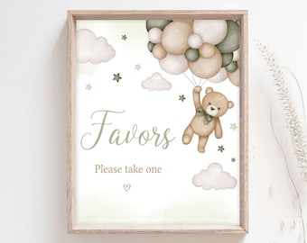 Gender Neutral Bear Baby Shower Favors Sign, We Can Bearly Wait Shower Favor Table Sign, Green Balloon Bear Baby Shower Favor Sign, 0506