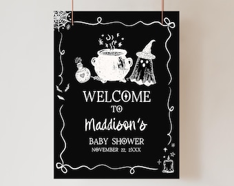 Editable A Baby is Brewing Halloween Baby Shower Welcome Sign, Spooky Ghost Baby Shower Welcome Poster, Witch Cauldron Shower Sign, 01152