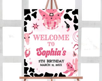 Editable Pink Cowgirl Birthday Welcome Sign, Yee Haw Space Cowgirl Party Welcome Poster, Girl Rodeo Birthday Party, Disco Dance Party, 62BD