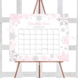 Bewerkbare roze een kleine sneeuwvlok baby shower vervaldatum kalender, meisje winter sneeuwvlok baby shower kalender, winter verjaardag voorspellingen 0536 afbeelding 1