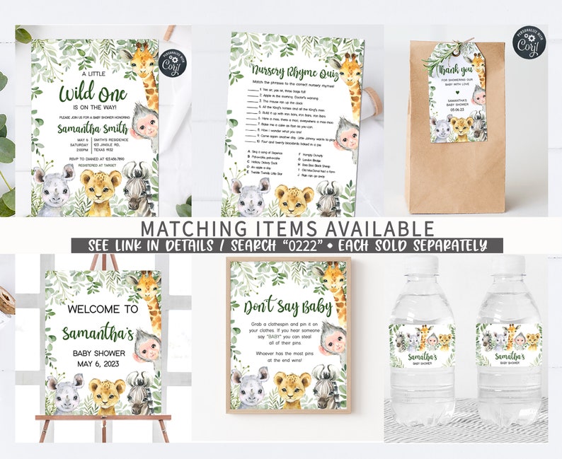 Op de afbeelding: Een set met printbare baby shower-decoraties met een jungle-thema. De decoraties omvatten een welkomstbord, een spelkaart, een cadeautas en waterfleslabels. De decoraties bevatten verschillende jungledieren, waaronder een giraffe, een aap, een leeuw en een zebra. De tekst op de decoraties luidt "Een klein wild beestje is onderweg!" en "Welkom op Samantha's baby shower".