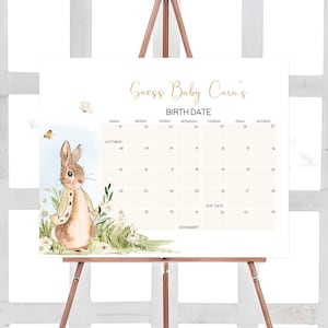 Peut inclure: Un jeu de baby shower imprimable avec une illustration mignonne d'un lapin brun portant une veste verte. Le jeu demande aux invités de deviner la date de naissance du bébé. La date d'échéance est marquée sur le calendrier.