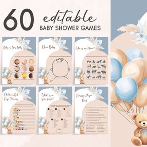 Editable Bear Baby Shower Games Bundle, We Can Bearly Wait Boho Baby Shower Game Pack, Blue Balloon Arch Boy Baby Shower Games Template 0690 image 1