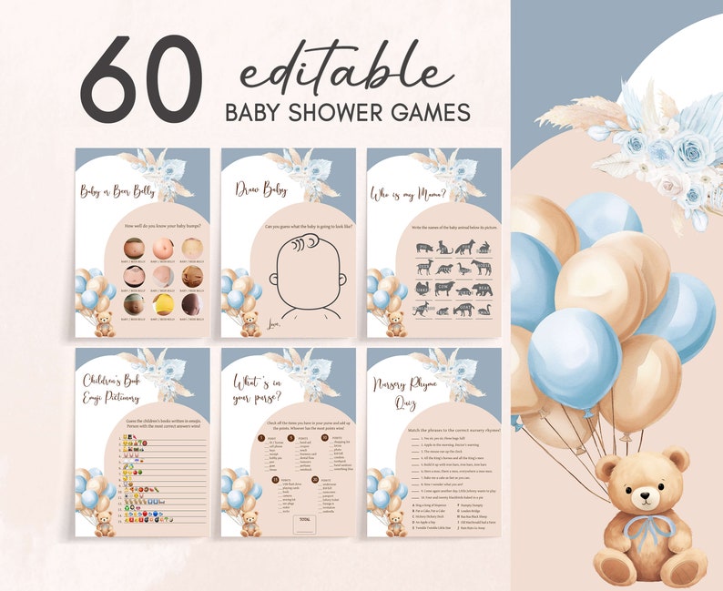 Editable Bear Baby Shower Games Bundle, We Can Bearly Wait Boho Baby Shower Game Pack, Blue Balloon Arch Boy Baby Shower Games Template 0690 image 1