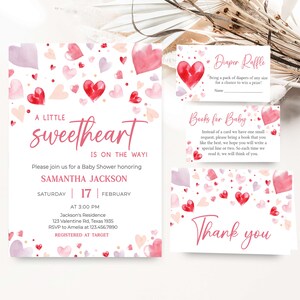 Editable A Little Sweetheart Baby Shower Invitation Bundle, Pink Red Heart Valentine's Baby Shower Invite, Girl Baby Shower Invite, 0587 image 1