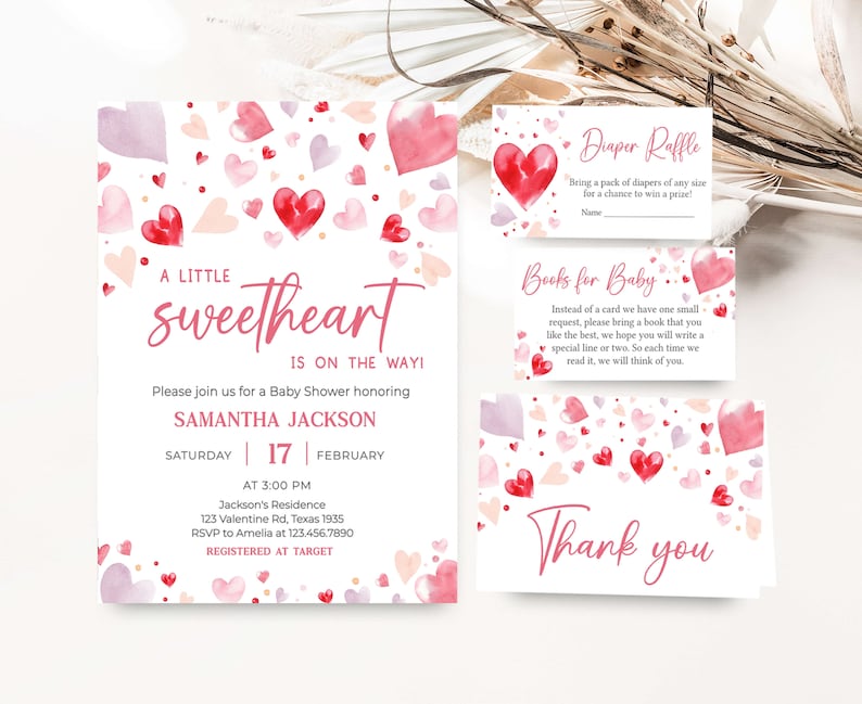 Editable A Little Sweetheart Baby Shower Invitation Bundle, Pink Red Heart Valentine's Baby Shower Invite, Girl Baby Shower Invite, 0587 image 1