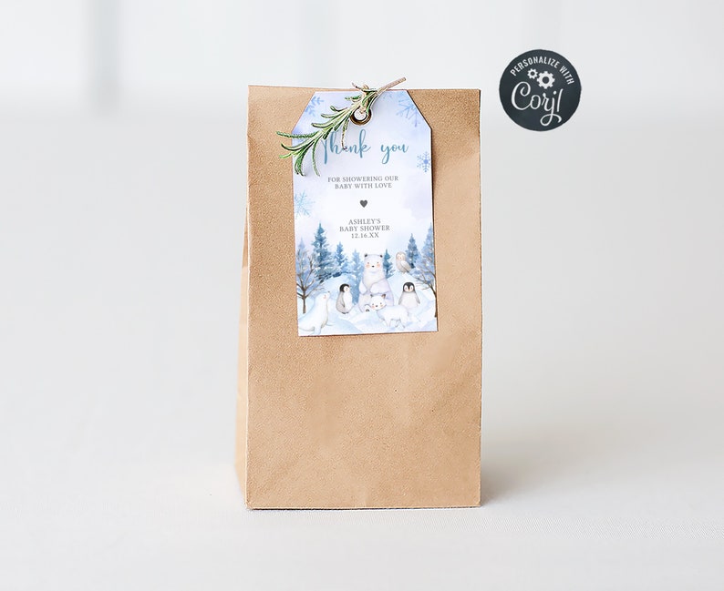 Bearbeitbare Winter Arktis Tiere Babyparty Geschenkanhänger, Blaues Baby Es ist kalt draußen Babyparty Geschenkanhänger, Junge Winter Dankeschön Anhänger, 0566 Bild 1