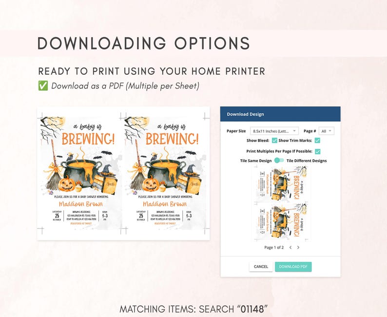The image is a screenshot of a printable design for a baby shower invitation, which includes a printable design and a page-by-page view of the printed design.