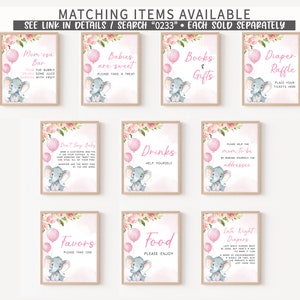 May include: A set of ten printable baby shower signs featuring pink and white floral designs with a cute elephant illustration. The signs include titles such as "Mom-osa Bar", "Babies are Sweet", "Books & Gifts", "Diaper Raffle", "Don't Say Baby", "Drinks", "Please Help the Mom-to-be", "Favors", "Food", and "Late Night Diapers".