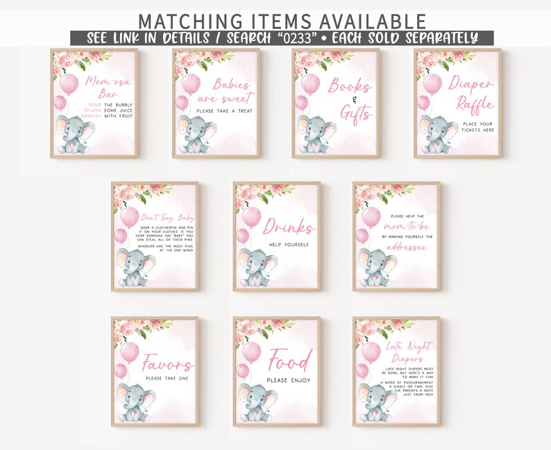 May include: A set of ten printable baby shower signs featuring pink and white floral designs with a cute elephant illustration. The signs include titles such as "Mom-osa Bar", "Babies are Sweet", "Books & Gifts", "Diaper Raffle", "Don't Say Baby", "Drinks", "Please Help the Mom-to-be", "Favors", "Food", and "Late Night Diapers".