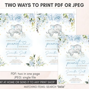 Editable Blue Elephant Baby Shower Invitation, Blue Floral Elephant Baby Shower Invite, Blue Flowers Boy Baby Shower Invite Template, 0636 image 3