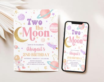 Editable Two the Moon Space Birthday Invitation, Pink Girl 2nd Birthday Outer Space Invitation, Astronaut Second Birthday Party Invite, 46BD