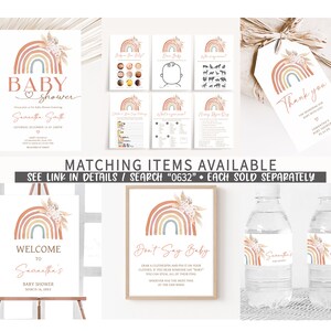 Calendario editable de fecha de vencimiento del baby shower Boho Rainbow, calendario de baby shower Boho Rainbow de hierba de pampa rosa, juego de baby shower Girl Rainbow 0632 imagen 2