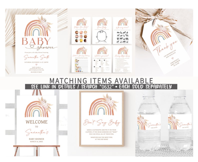 Calendario editable de fecha de vencimiento del baby shower Boho Rainbow, calendario de baby shower Boho Rainbow de hierba de pampa rosa, juego de baby shower Girl Rainbow 0632 imagen 2