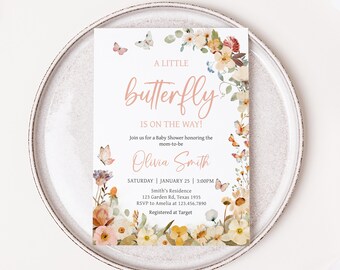 Editable Butterfly Baby Shower Invitation, A Little Butterfly Girl Baby Shower Invite, Floral Butterfly Spring Baby Shower Invite, 01021