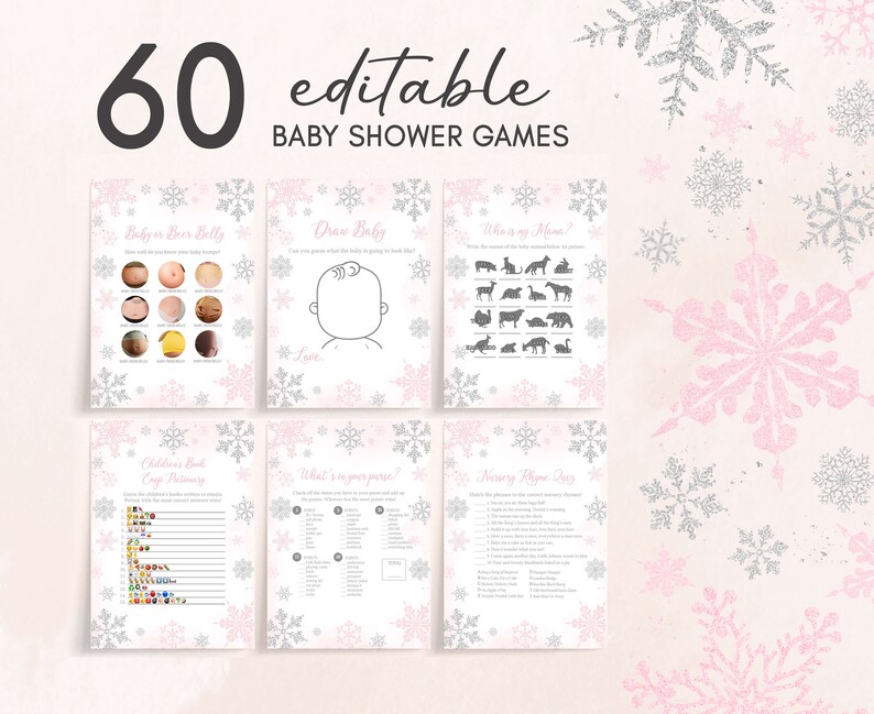 Editable Pink A Little Snowflake Baby Shower Games Bundle, Girl Winter Snowflake Baby Shower Game Pack, Winter Baby Shower Games Set, 0536 image 1