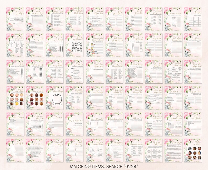Pink Elephant Baby Shower Games Bundle, Blush Pink Floral Baby Shower Activity, Girl Baby Elephant Game Package Printable Template 0224 image 3