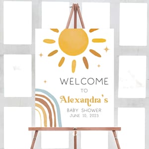 Modificabile Here Comes the Son Baby Shower Segno di benvenuto, Poster di benvenuto Sunshine Baby Shower, Modello stampabile Boy Retro Boho Sunshine 0385