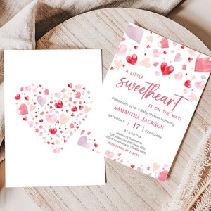Editable A Little Sweetheart Baby Shower Invitation Bundle, Pink Red Heart Valentine's Baby Shower Invite, Girl Baby Shower Invite, 0587 image 2