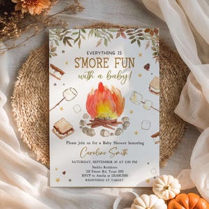 Editable S&#39;mores Baby Shower Invitation, Fall Rustic Campfire Bonfire Baby Shower Invite, Everything is S&#39;more Fun Baby Shower Invite, 01133