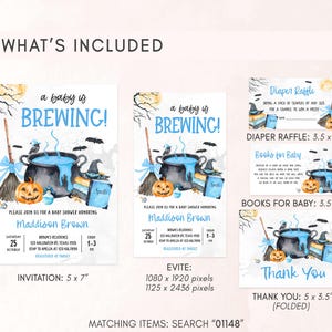 a collection of Halloween-themed invitation designs for a baby shower, including a baby's birthday party, a diaper raffle, and a book for baby. The invitations feature illustrations of pumpkins, bats, and a cauldron, along with text providing details about the event.