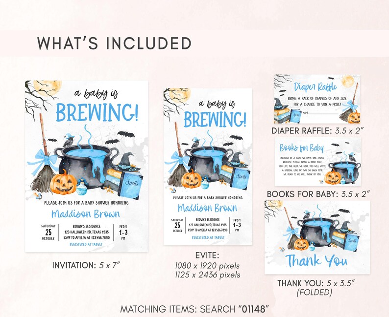 a collection of Halloween-themed invitation designs for a baby shower, including a baby's birthday party, a diaper raffle, and a book for baby. The invitations feature illustrations of pumpkins, bats, and a cauldron, along with text providing details about the event.