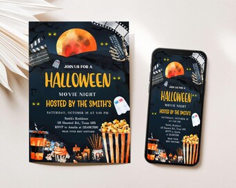 Editable Movie Night Halloween Invitation, Backyard Movie Night Invitation, Halloween Movie Invite, Outdoor Party Movie Invite Template 14SE