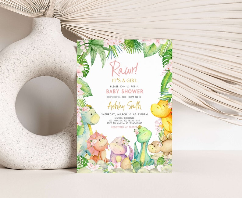 Editable Baby Girl Dinosaur Baby Shower Invitation, Floral Dino Baby Shower Invite, Greenery Dinosaur Girl Baby Shower Invitation, 0688 image 1