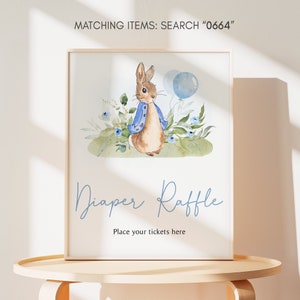 Diaper Raffle Sign Blue Peter Rabbit Baby Shower, Bunny Boy Baby Shower Diaper Game Sign, Peter Rabbit Balloon Spring Baby Shower Sign, 0664