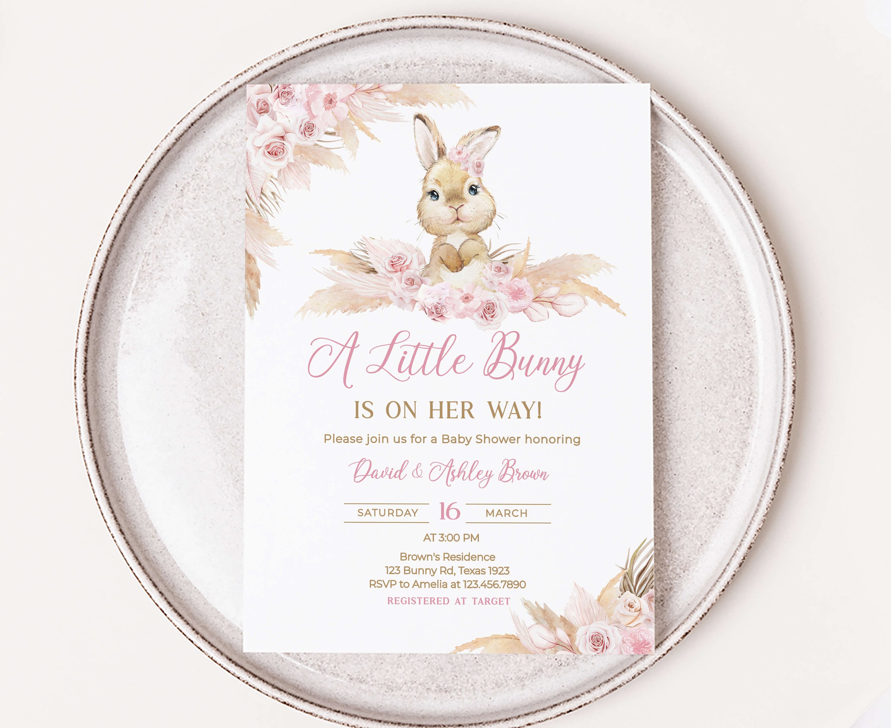 Invitación editable al baby shower de conejo niña, invitación al baby  shower del conejo boho rosa, plantilla de invitación al baby shower del  conejito de la hierba de las pampas, 0609 -