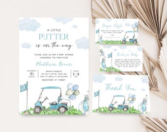 May include: A baby shower invitation with a blue and white watercolor golf cart design. The invitation says "A Little Putter is on the way" and includes details for the shower, including the date, time, location, and RSVP information. The invitation also includes a diaper raffle and books for baby request cards.