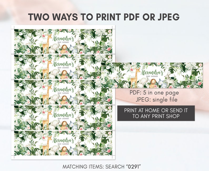 Bewerkbaar groen safarifleslabel babyshower, bloemen jungle babyshower waterlabel, sticker safaridieren wild één waterfles, 0291 afbeelding 4