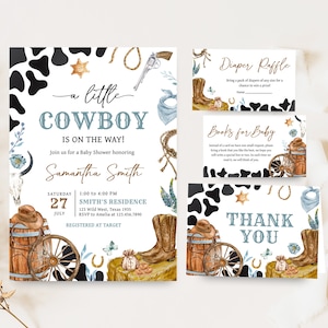 Pacchetto di inviti per baby shower cowboy modificabile, set di inviti per baby shower rodeo, un piccolo cowboy è in arrivo, baby shower selvaggio West, 0723