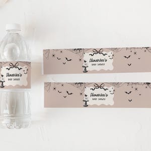 a bottle of water next to a water bottle label