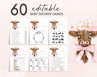 Bewerkbare bundel Highland Cow-babyshowergames, Pink Coquette Holy Cow Babyshower-gamepakket, Boho Floral Cow Shower-spelsjabloon, 01047