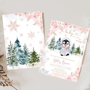 Editable Winter Penguin Baby Shower Invitation Bundle, Girl Penguin Baby Shower Invite Set, Pink Baby It's Cold Outside Baby Shower, 0557 image 2