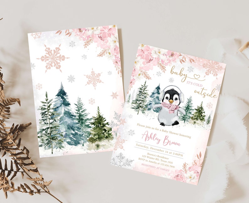 Editable Winter Penguin Baby Shower Invitation Bundle, Girl Penguin Baby Shower Invite Set, Pink Baby It's Cold Outside Baby Shower, 0557 image 2