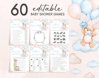 May include: A set of 60 printable baby shower game cards featuring a blue and brown teddy bear with a bow tie, floating on clouds with balloons. The cards have titles like "Guess who mommy or daddy?", "Draw Baby", "Who is my mama?", "Children's Book Emoji Pictionary", "What's in your purse?", and "Nursary Rhyme Quiz".
