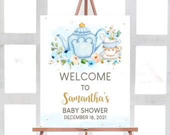 Tea Party Baby Shower Welcome Sign, Floral Blue Gold Tea Baby Shower Welcome Poster, Baby is Brewing Boy Baby Shower Printable Template 0147