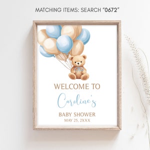 Editable Boho Brown Bear Baby Shower Welcome Sign, Blue Balloon Baby Shower Welcome Poster, We Can Bearly Wait Boy Baby Shower Sign, 0672 image 3