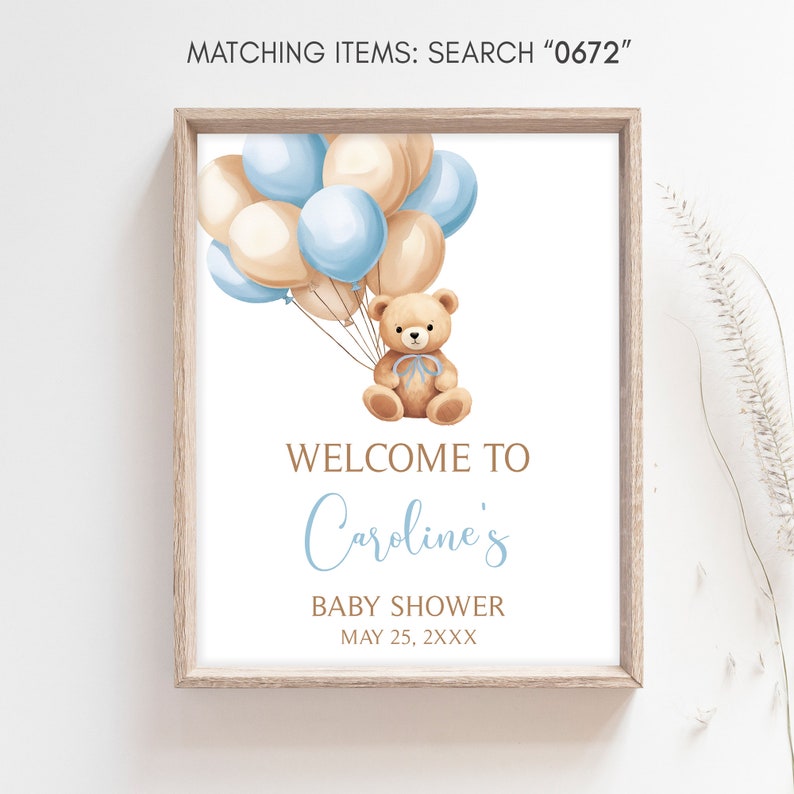 Editable Boho Brown Bear Baby Shower Welcome Sign, Blue Balloon Baby Shower Welcome Poster, We Can Bearly Wait Boy Baby Shower Sign, 0672 image 3