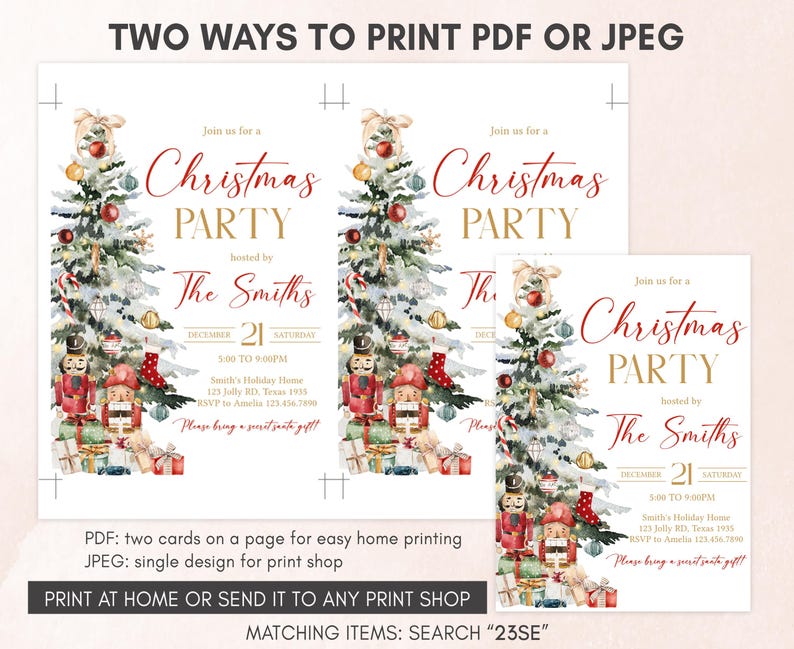 two christmas party flyers with teddy bears and presents