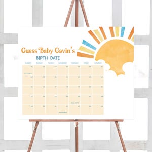 Bearbeitbar Hier kommt der Sohn-Babyparty-Fälligkeitskalender, Boho Sunshine-Babypartykalender, Junge hier kommt das Sonne-Fälligkeitsdatum-Poster, 01046