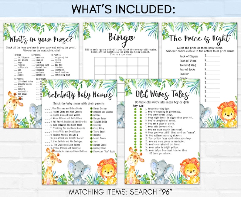 Printable Safari Baby Shower Games Bundle Jungle Safari | Etsy