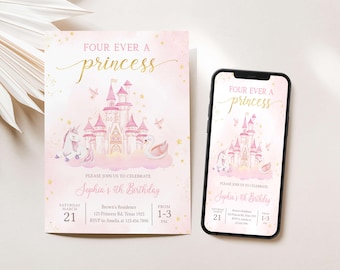 Editable Princess Birthday Invitation, Four Ever a Princess Party Invitation, Magical Castle Birthday Invite, Fourever Magical Invite, 110BD